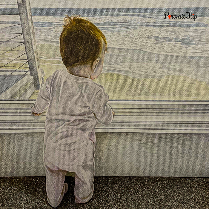 Colored pencil painting of baby watching ocean from window